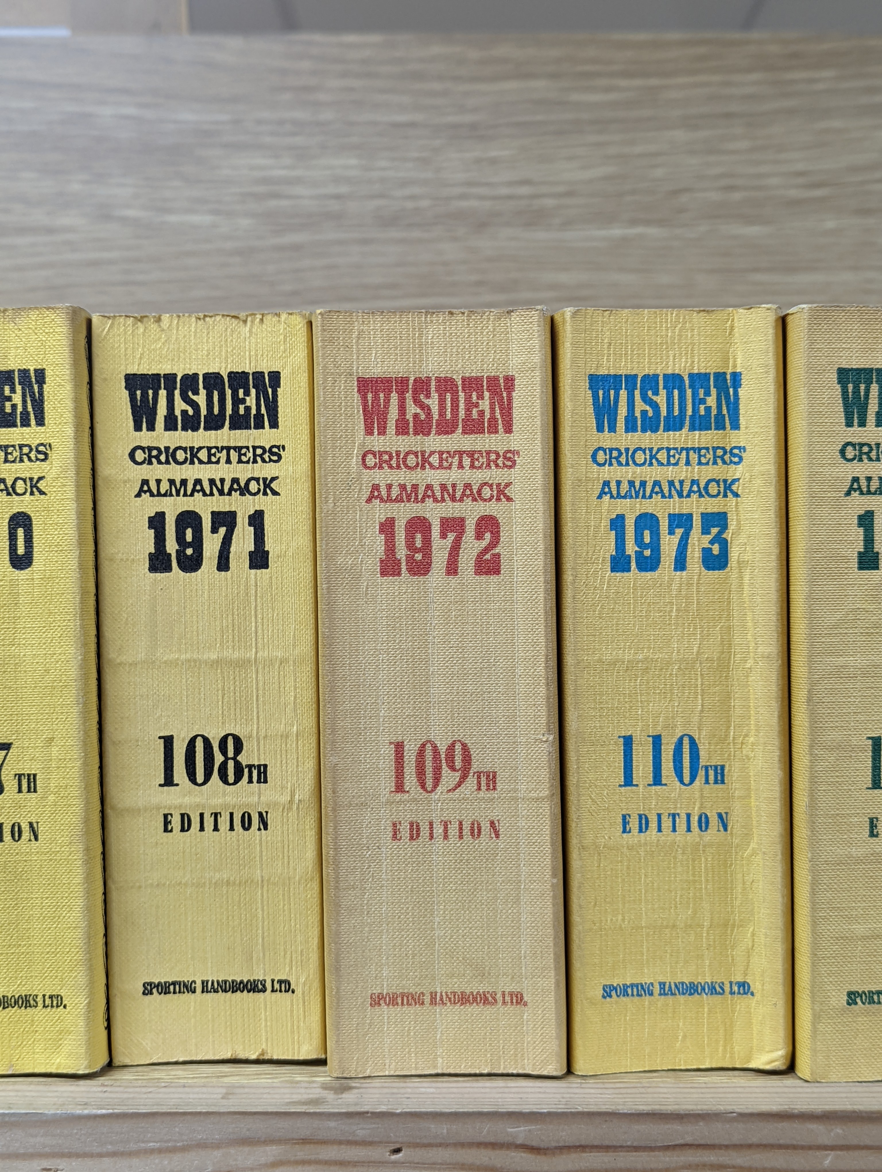 Wisdens Almanack, 73 volumes, 1947-1964, 1966-2020 and one other Wisden edition “On the Ashes”.